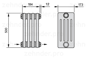 Схема (чертеж) Радиатор Zehnder Charleston 5050/4 №2670 Белый глянцевый RAL 9016